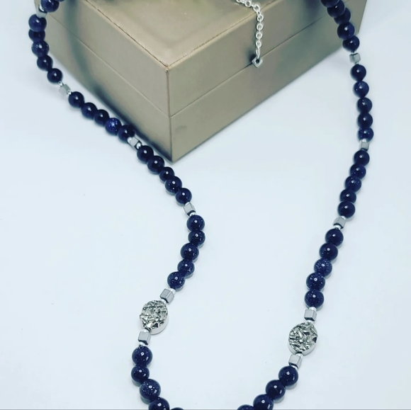 Blue Goldstone, Hematite 5 Blessings Amulet Unisex necklace - Picture 5 of 5